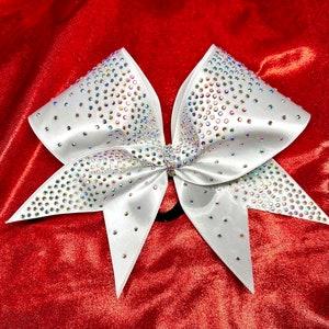 Rhinestone cheer bow - White satin with ab crystal stones