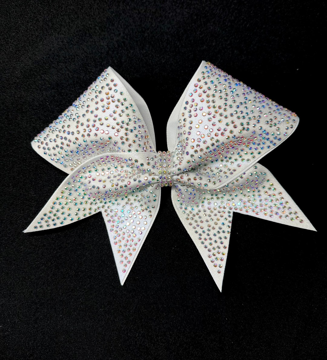 White Rhinestone Cheer Bow, Mystique Fabric, AB Rhinestones - Etsy