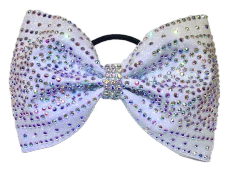May include: A white sparkly hair bow with iridescent rhinestones. The bow is tied with a black elastic band.