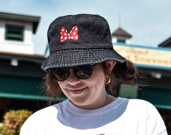 Minnie Mouse Bow Embroidered Denim Bucket Hat in Multiple Colors
