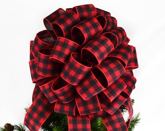 buffalo plaid christmas tree topper red and black checkered present or gift bow - Buffalo Plaid Christmas Decor buffalo plaid christmas tree topper red and black checkered present or gift bow - Buffalo Plaid Christmas Decor