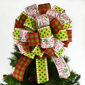 Christmas Tree Topper, Tree Topper Christmas Bow Wreath, Red Lime Green and White, Green Monster Tree Topper Bow, Staircase or Present Bow