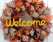 Yellow Orange Burgundy and Brown Fall Thanksgiving Welcome Mesh Front Door Wreath - Free Shipping
