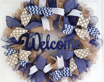 Everyday Cross Burlap Front Door Wreath Ivory Cornflower Blue Denim Mothers Day Present