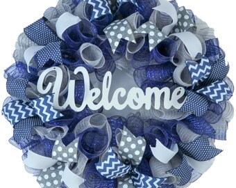 Everyday Cross Burlap Front Door Wreath Ivory Cornflower Blue Denim Mothers Day Present