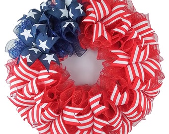 Patriotic Wreath, Flag Wreaths for Front Door, Americana Porch Decorations, Fourth of July Mesh Door Wreaths - Red White Blue Stars Stripes