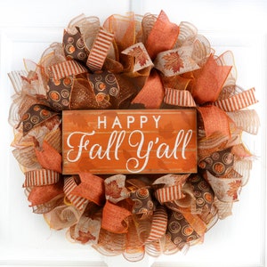 Corona de feliz otoño para todos, corona de puerta principal de malla decorativa de Acción de Gracias; Venta de arpillera marrón naranja