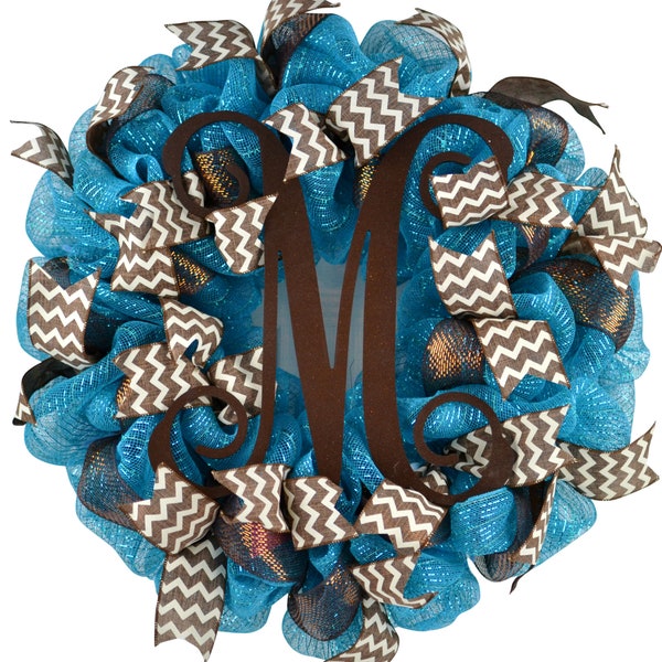 Everyday Monogram Wreath, Personalized Year Round Gift for Mom, Turquoise Burlap Mesh Wreaths, Customize Options