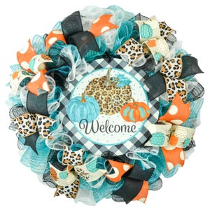 Corona de calabaza de Acción de Gracias, corona con estampado animal, decoración de Halloween, decoración de puerta de entrada de color naranja otoñal, otoño, negro, turquesa y blanco