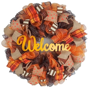 Fall Thanksgiving Deco Mesh Front Door Wreath, Orange Brown Burlap Wreath for Fall : F3