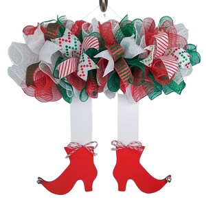 Elf Legs Door Hanger Wreath, Christmas Wreath for Front Door, Whimsical Christmas Party Decorations, Red White Emerald Green