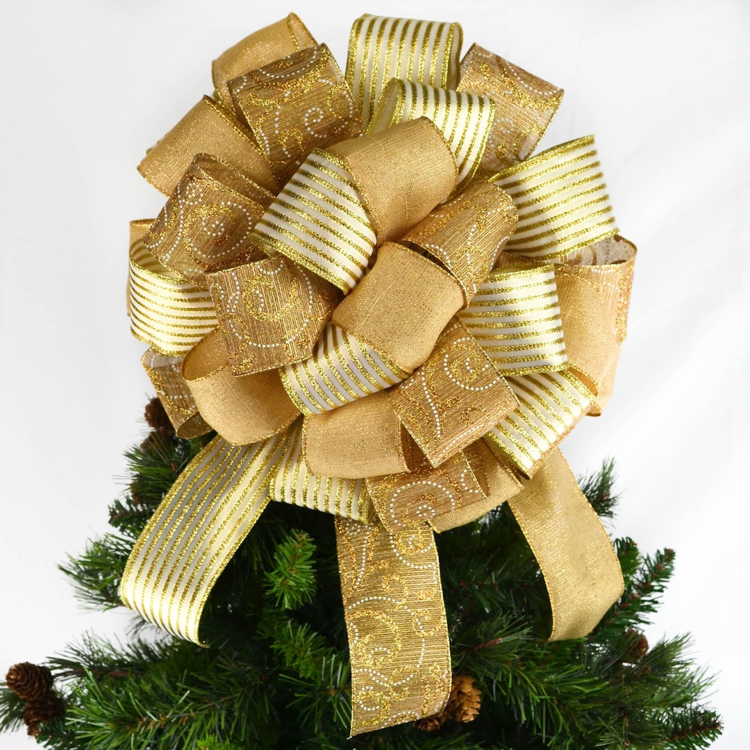 Solid Gold Christmas Tree Bow Topper, Big Gold Bow for Gift or Present