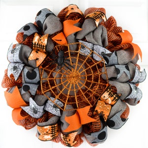 Spider Web Wreath, Halloween Decorations For Wreaths, Halloween Outdoor Wreath, Front Door Decor, Black, Grey, Orange