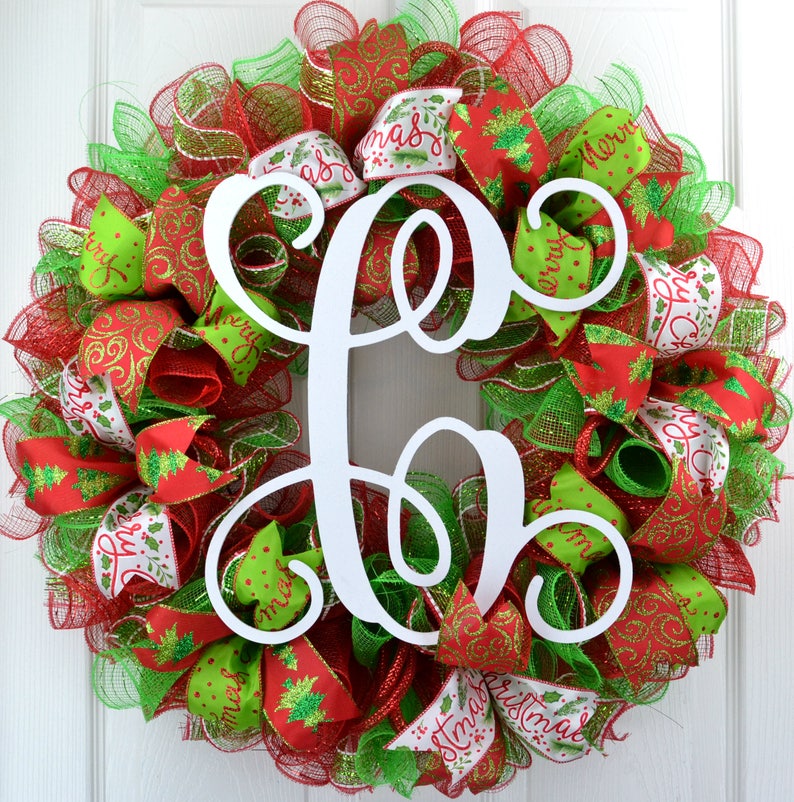 Red and Lime Green Traditional Mesh Christmas Front Door Wreath