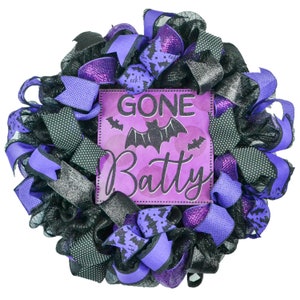 Gone Batty Halloween Wreath, Beautiful Front Door Mesh Wreath, Black Purple Decorations