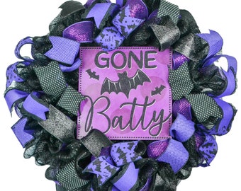 Gone Batty Halloween Wreath, Beautiful Front Door Mesh Wreath, Black Purple Decorations