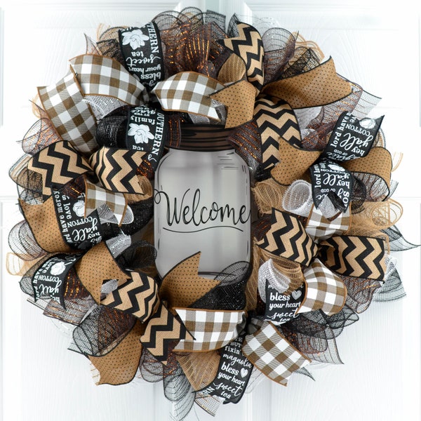 Welcome Mason Jar Wreath, Farmhouse Burlap Everyday Decor, Wedding Gift, Brown Black White