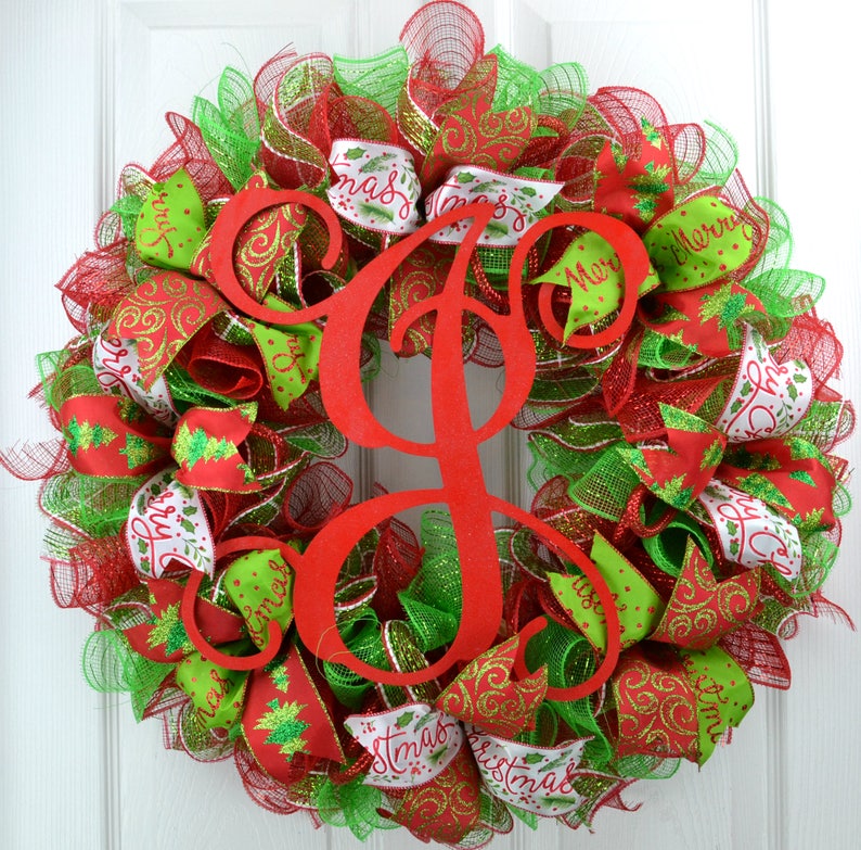 Red and Lime Green Traditional Mesh Christmas Front Door Wreath