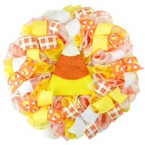 Candy Corn Halloween Door Wreaths, Trick or Treat Orange Mesh Wreath, Black White Yellow