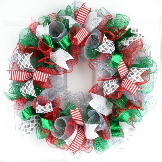 Red Silver And Emerald Green Christmas Wreath Holiday Mesh Front Door Wreath Christmas Decor