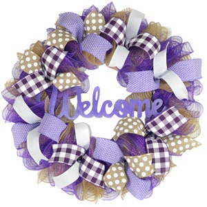 Front Door Welcome Wreaths, Mothers Day Gift, Burlap Everyday Year Round Outdoor Decor -Black Jute White, M5 (Welcome, Purple/Jute/White)