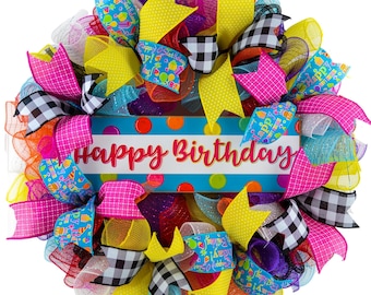 Birthday Wreath for Front Door, Family Happy Birth Day Decor, Pink Red Blue White Yellow