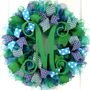 Everyday Front Door Monogram Wreath, Kelly Green Navy Blue Turquoise Teal