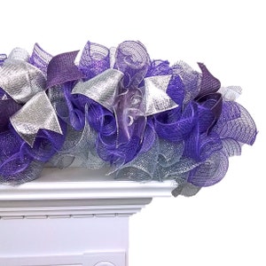 Purple Christmas Garland, Unique Garland for Christmas, Purple Silver Mesh, Custom Length Decoration, Indoor-Outdoor Use, Mantle Garland