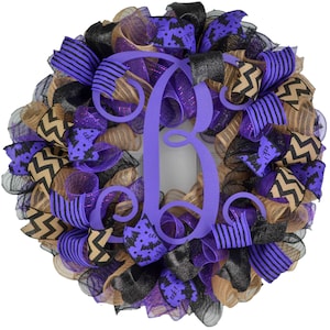 Purple Wreath, Monogram Halloween Wreath, Black Burlap Purple Farmhouse Welcome Door Decor