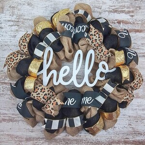 Animal Print Hello Door Wreaths, Everyday Burlap Mesh Front Door Decor, Black Brown White