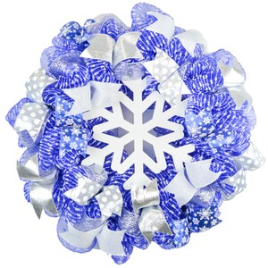 Winter Wreath, Snowflake Christmas Mesh Outdoor Front Door Wreath; White Blue Silver