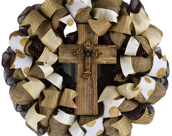 Gold and Burlap Cross Rustic Door Wreath, Cross Mesh Wreath, Gift for Her, Black White