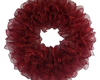 Plain Wreath Base Already Made - Mesh Everyday Wreath to Decorate DIY - Starter Add Bow, Ribbons on Your Own - Premade (Metallic Burgundy)