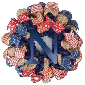Personalized Navy Blue Red Burlap Wreath, Monogrammed Burlap Wreath, Initial Front Door Decor, Mother&#39;s Day Gift