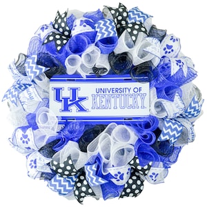 Sports Fan Team Front Door Deco Mesh Wreath, Blue White Black, Football Baseball Basketball Mom Gift, Man Cave Present