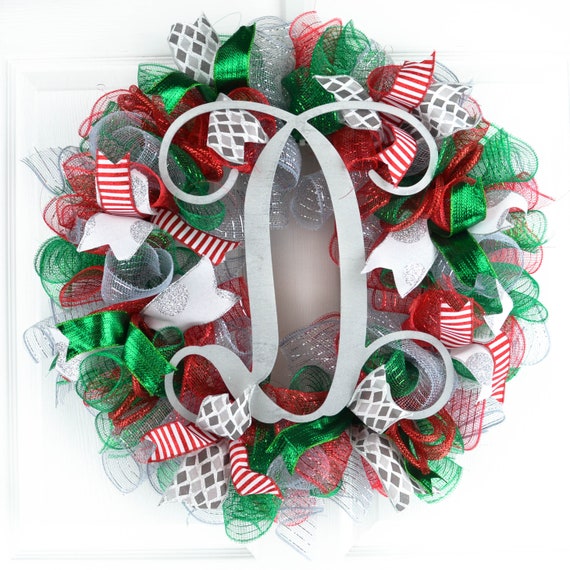 Red Silver And Emerald Green Monogram Christmas Wreath Etsy
