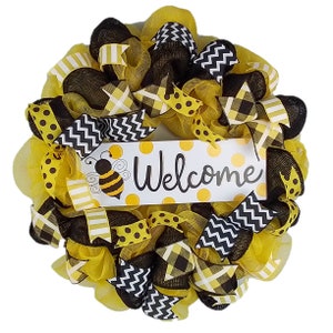Bee Burlap Door Wreath, Honeybee Welcome Colorful Summer Wreath, Yellow Black White