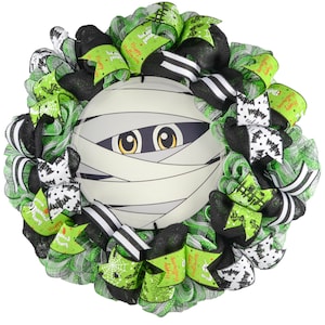 Mummy Halloween Wreath, Mummy Wreaths, Cute Halloween Decor, Whimsical Mesh Outdoor Front Door Wreath, Black Lime Green White