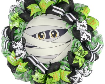 Mummy Halloween Wreath, Mummy Wreaths, Cute Halloween Decor, Whimsical Mesh Outdoor Front Door Wreath, Black Lime Green White