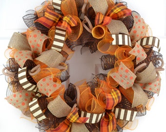 Fall Thanksgiving Deco Mesh Front Door Wreath, Orange Brown Burlap Wreath for Fall