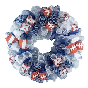 Football Door Wreath, Navy Silver White Mesh Outdoor Front Door Decor, Foot Ball Custom Team