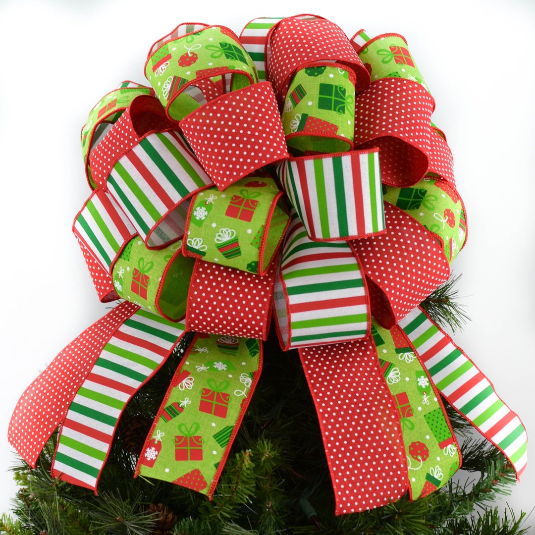 Christmas Tree Topper Bow With Tails, Red and Lime Green Gift or