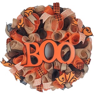 Jute Halloween Door Wreaths, Orange Boo Mesh Welcome Outdoor Front Door Wreath, Black Orange