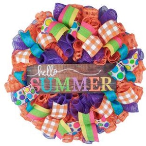 Hello Summer Burlap Door Wreath, Colorful Beach Wreath, Orange Purple Yellow Lime Green