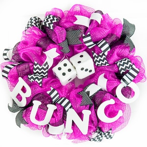 Bunco Wreath for Hosting Party, Pink Dice Host Decorations, Black, White, Game Night