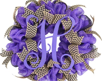 Door wreath with Initials, Year Round Decor, Everyday Monogram Front Door Decorations,  Purple Letter Wreath, Housewarming Gift