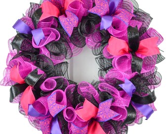 Black Pink Mesh Door Wreath, Everyday Front Door Outdoor Wreath, Black Hot Fuchsia Pink Purple