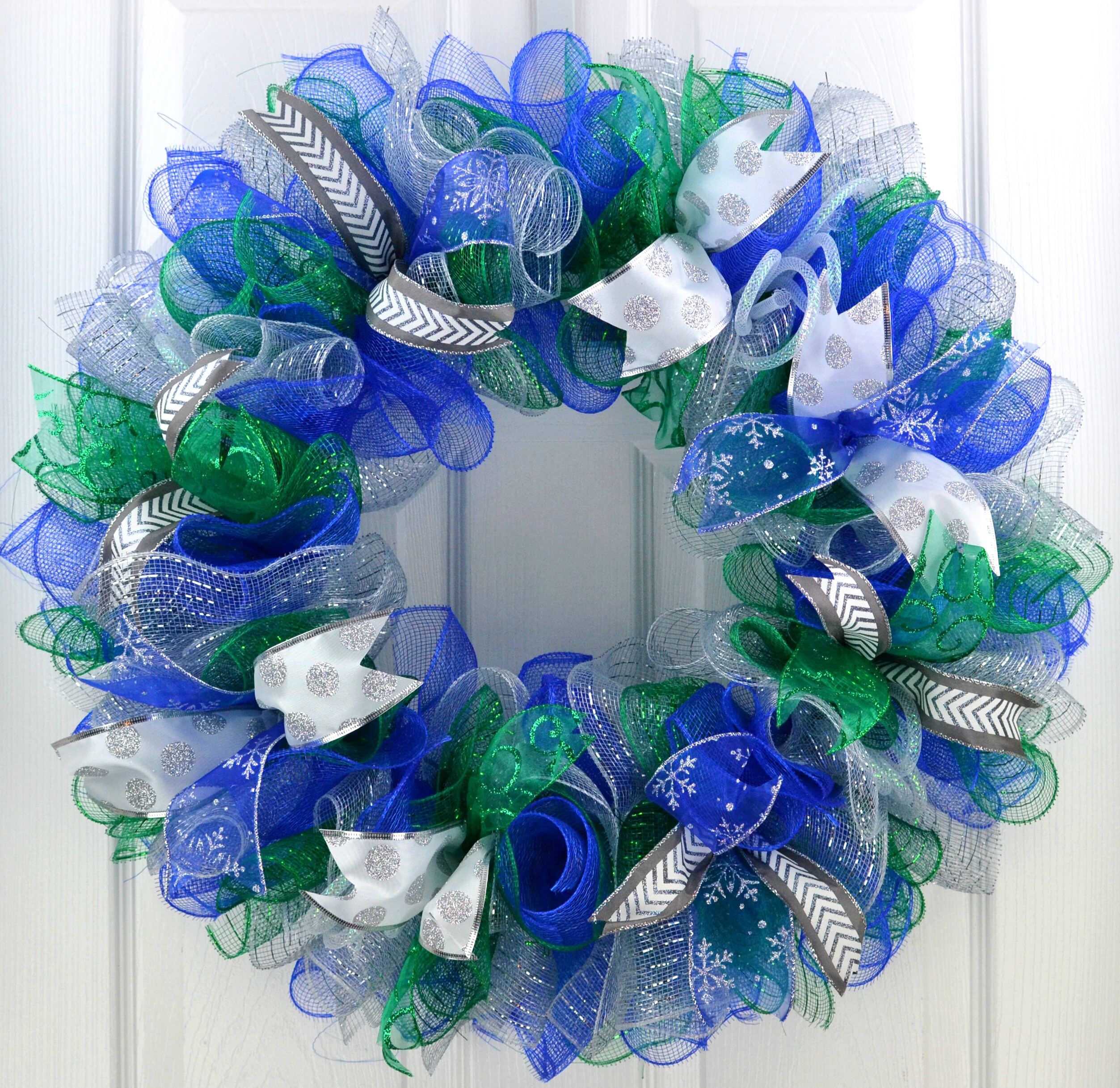 Blue Silver And Emerald Green Winter Deco Mesh Front Door Wreath Hanukkah Decoration Decor To Last All Winter