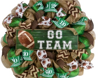 Football Door Wreath, Go Team Decor, Super Bowl Decorations, Gift for Coach, Brown Green Burlap