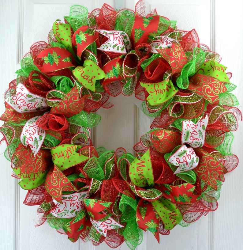 Red and Lime Green Traditional Mesh Christmas Front Door Wreath